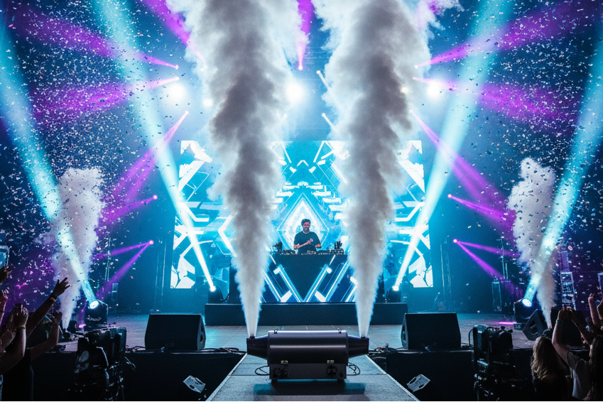 create a hero image for CO2 Effect Jets use advanced high-velocity technology to create massive, vertical plumes of white "smoke" that disappear instantly